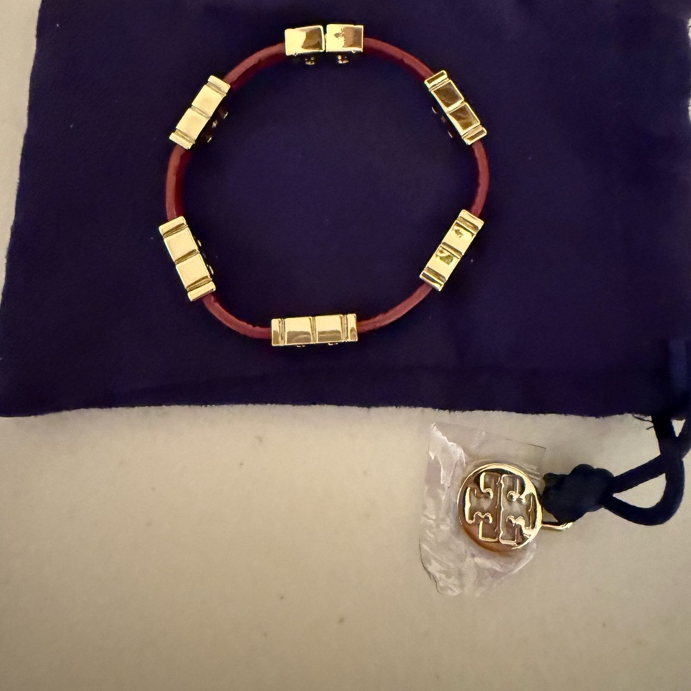 Tory Burch Red Leather Bracelet with Gold Logo Accents - Picture 3 of 5